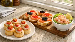 Tris di antipasti di Capodanno: vol-au-vent, cocktail di gamberi e tartine (facili)